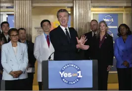  ?? DAMIAN DOVARGANES — THE ASSOCIATED PRESS FILE ?? Gov. Gavin Newsom speaks in support of Propositio­n 1, a $6.38billion bond ballot measure, during a news conference at the Los Angeles General Medical Center in Los Angeles on Jan. 3.