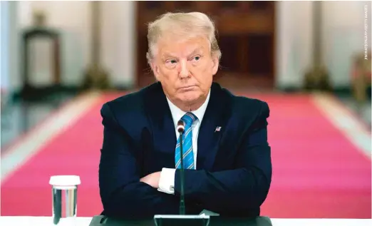  ??  ?? President Donald Trump sits with his arms crossed Tuesday at the White House during a roundtable on reopening schools amid the continuing coronaviru­s pandemic.