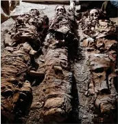  ?? PHOTOS BY NARIMAN EL-MOFTY / ASSOCIATED PRESS ?? These three mummies were found in a royal goldsmith’s burial shaft in a tomb in Luxor, Egypt, dating to more than 3,500 years ago.