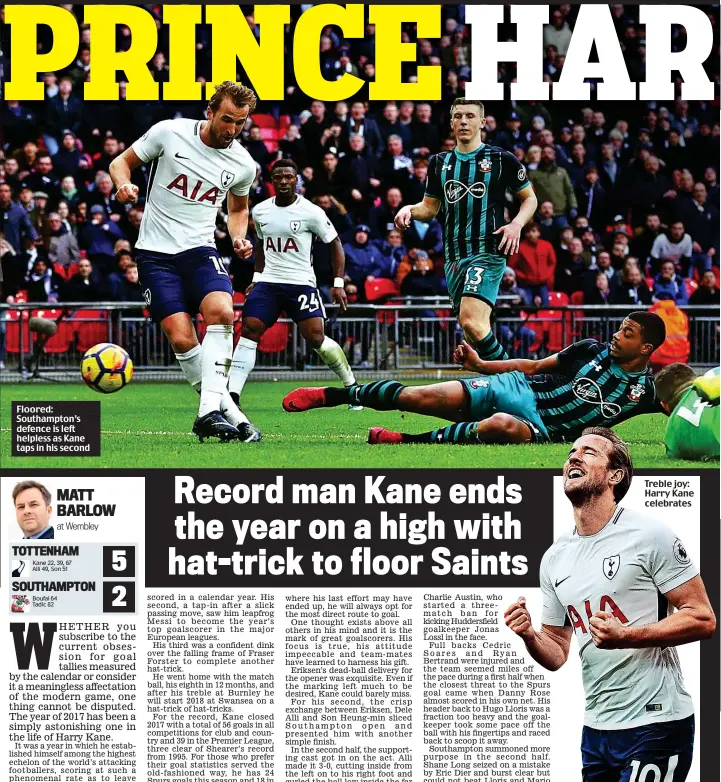  ??  ?? Floored: Southampto­n’s defence is left helpless as Kane taps in his second Treble joy: Harry Kane celebrates