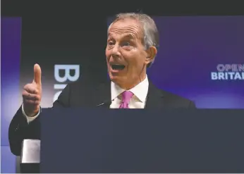  ?? PA PHOTO, VIA AP ?? Former British Prime Minister Tony Blair makes a speech at an Open Britain event in central London Friday. Blair urged voters to speak out against the government’s drive to exit the EU at any cost, saying it could damage future generation­s.
