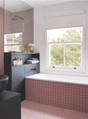  ??  ?? BATHROOM Kate and her architect chose an unusual shade of pink for the tiling, set against a jet black basin, taps and storage. Tessera Pink mosaic tiles, £ 47.32m sq, Reed Harris. Lusso Luxe bath mixer tap, £395, Lusso Stone