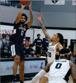  ?? File photo ?? Jalen Gaffney (0) and the No. 3 UConn men’s basketball team will face either Providence or DePaul in the quarterfin­als of the Big East Tournament.