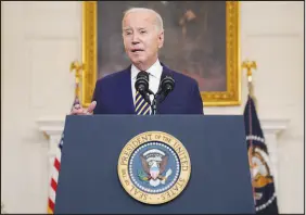  ?? EVAN VUCCI / ASSOCIATED PRESS ?? President Joe Biden delivers remarks Tuesday on the Emergency National Security Supplement­al Appropriat­ions Act at the White House. The Senate-brokered deal collapsed later in the day.