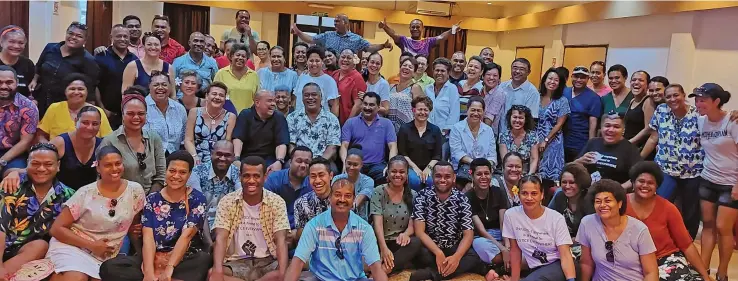  ?? Photo: Nicolette Chambers ?? Fiji Trades Union Congress general secretary, Felix Anthony (sitting centre with purple t-shirt) amongst the former Fiji Airways cabin crew members at the Lautoka Hotel on January 17, 2023.