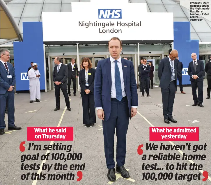  ??  ?? Promises: Matt Hancock opens the Nightingal­e Hospital at London’s ExCel Centre yesterday