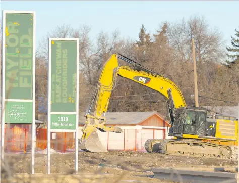  ?? PHOTOS: MICHAEL BELL ?? Signs outside the former Taylor Field recall the Roughrider­s’ glory days but the venerable stadium has all but disappeare­d.