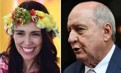  ??  ?? Alan Jones (right) said Scott Morrison should ‘shove a sock down the throat’ of New Zealand’s PM, Jacinda Ardern. Composite: Mick Tsikas/Joel Carrett/AAP