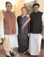  ??  ?? Congress MP T. Subbarami Reddy and Kerala MP K. Suresh with Congress president Sonia Gandhi after greeting her on her birthday in New Delhi on Friday.