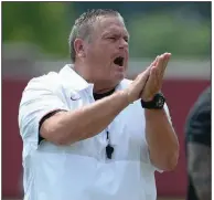  ?? (NWA Democrat-Gazette/Andy Shupe) ?? Arkansas Coach Sam Pittman said the loudest remarks he and his assistants direct at players should be praise. “You know our mouth is very, very powerful,” he said. “And the way that they talk to kids, I think they respect that.”