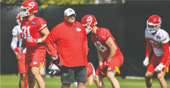  ?? MARK BROWN/GETTY IMAGES ?? For now, Kansas City Chiefs head coach Andy Reid and other coaches won’t be able to have on-field interactio­n with players because of the pandemic.