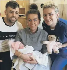  ??  ?? Clockwise from top left, Elle Graham and Martin Robson with baby Freddie; Alice and Kyle Crowley from Peterlee with daughter Aria Belle Crowley; and midwife Abby Matthews cradles baby Hallie Balderson.