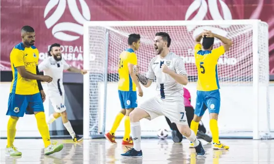  ?? Photo: Football Queensland ?? Gold Coast Force’s Dallas Dack celebrates his match-winning goal in the F-League grand final against Crusaders FC.