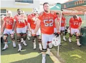  ?? AL DIAZ/ASSOCIATED PRESS ?? Senior tackle Kc McDermott leads a Hurricanes offensive front that should show greater versatilit­y this season.