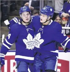  ?? FRANK GUNN/THE CANADIAN PRESS/FILES ?? How the contract negotiatio­ns between the Toronto Maple Leafs and William Nylander, right, are resolved could very well have serious financial repercussi­ons when the entry-level contracts of Auston Matthews, left, and Mitch Marner expire after this season.