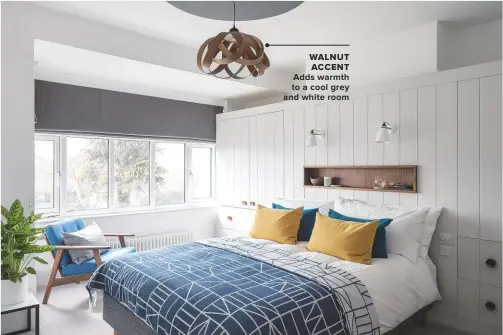  ??  ?? WALNUT ACCENT
ADDS WARMTH TO A COOL GREY AND WHITE ROOM