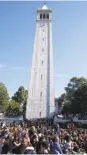  ?? Paul Chinn / The Chronicle 2016 ?? Students protest President Trump beneath UC Berkeley’s Campanile.