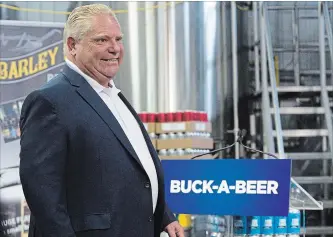  ?? LARS HAGBERG THE CANADIAN PRESS FILE PHOTO ?? Ontario Premier Doug Ford arrives for the buck-a-beer plan announceme­nt at Barley Days brewery in Picton, Aug. 7. Juergen Rehm of Toronto’s Centre for Addiction and Mental Health said one of the ways Canada can avoid a decline in life expectancy is to not make alcohol cheap.