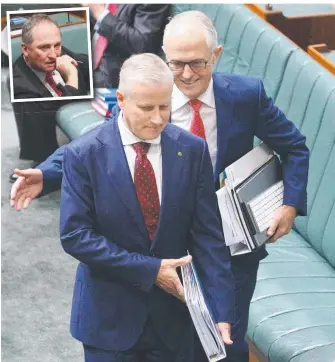  ?? Picture: GARY RAMAGE ?? Malcolm Turnbull with the new Nationals leader, Michael McCormack. Inset, former Deputy PM Barnaby Joyce.