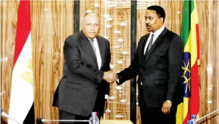  ??  ?? Egyptian Foreign Minister Sameh Shoukry shakes hands with his counterpar­t Workneh Gebeyehu in Addis Ababa, Ethiopia, on Tuesday. (AP)