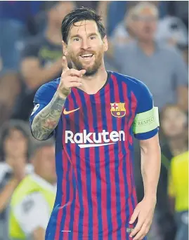  ?? Picture: AFP ?? ANOTHER HAT-TRICK. Barcelona’s Lionel Messi celebrates his third goal during the Uefa Champions’ League group B match against PSV Eindhoven at Camp Nou stadium in Barcelona the last night.