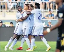  ?? ERIC HARTLINE/USA TODAY SPORTS ?? Orlando City forward Santiago Patiño (29) celebrates his goal with teammates during the second half at Talen Energy Stadium.