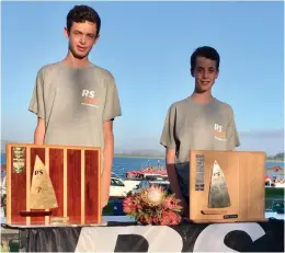  ??  ?? James Vonk (left) was the winner of the Tera Pro division and SeanVonk was the winner of the Tera Sport division of the Tera National Championsh­ips sailed on Swartvlei Lagoon over the March long weekend.