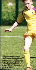  ??  ?? Drogheda Schoolboys’ Eamon Armstrong takes on Wexford captain Daniel McGrath during their Under-12 Inter-League clash at DIFE.