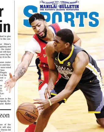  ??  ?? Anthony Davis of New Orleans pressures Kevon Looney of Golden State in Game Three of their NBA Western Conference playoff series at the Smoothie King Center Friday (Saturday in Manila) in New Orleans, Louisiana. The Pelicans won, 119-100. (AP)