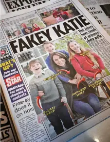  ?? — AFP photo ?? A picture shows stories in Britain’s national newspapers, about the altered mother’s day photo released by Kensington Palace, of Britain’s Catherine,