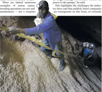  ?? ?? Zama zamas climb an old rope into an abandoned gold mineshaft near Soweto, to begin another illicit shift of extracting ore that might still be in the diggings. Such unregulate­d activity is rife despite the enormous dangers. Photo: Kim Ludbrook/EPA