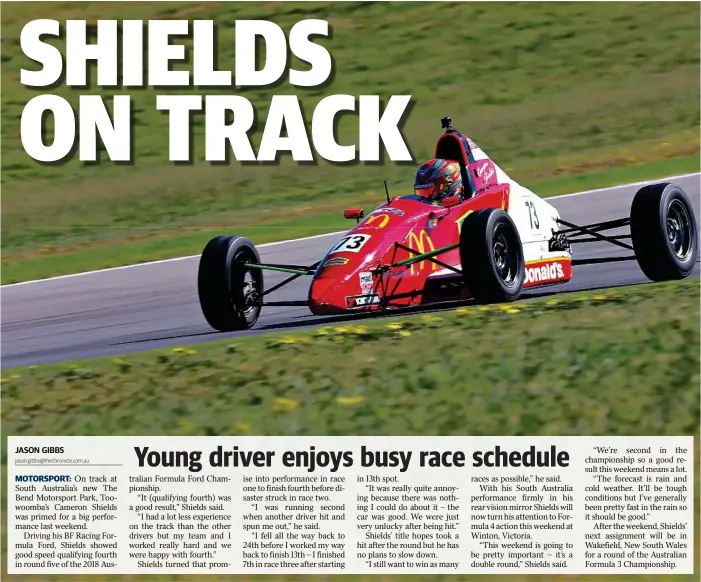  ?? Photo: Insyde Media ?? ON TRACK: Cameron Shields works his BF Racing Formula Ford through the field during racing at South Australia’s The Bend Motorsport Park.