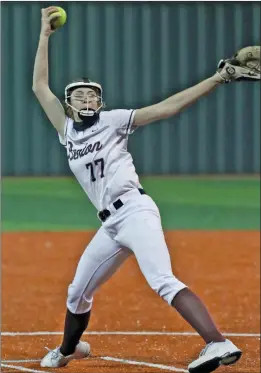  ?? RICK NATION/ Special to The Saline Courier ?? Benton senior pitcher Tuesday Melton winds up in a 12-2 victory over the Bryant Lady Hornets at Lady Panther Field in Benton Friday. Melton earned the win in the circle and hit a home run.