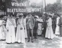  ??  ?? ↑ Suffragett­es annoyed Herbert Asquith on this day in 1907 and their campaign continued the next year, above