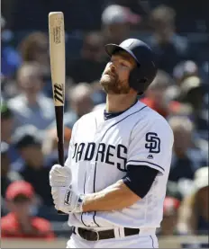  ??  ?? In this April 5 file photo, San Diego Padres’ Chase Headley reacts after a called strike three during the fifth inning of a baseball game against the Colorado Rockies in San Diego. AP PHOTO/ALEX GALLARDO