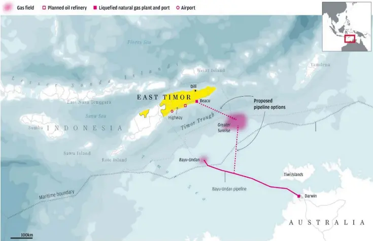  ??  ?? Map indicating gas field locations off the coast of Timor Leste