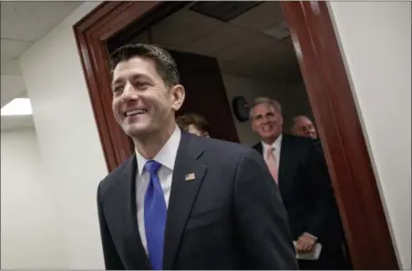  ?? J. SCOTT APPLEWHITE — THE ASSOCIATED PRESS ?? House Speaker Paul Ryan of Wis., followed by Rep. Cathy McMorris Rodgers, R-Wash., House Majority Leader Kevin McCarthy, R-Calif., and House Majority Whip Steve Scalise of La., leaves a closed-door strategy session on Capitol Hill in Washington,...