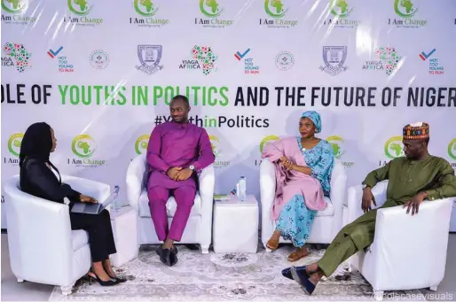  ??  ?? L-R: Shinkafi, Samson Itodo, Rabi Mohammed and Bello Bala Shagari, as panelists at the discourse on the role of youths in politics and the future of Nigeria