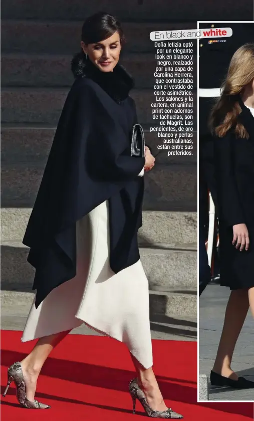  ??  ?? Doña letizia optó por un elegante look en blanco y negro, realzado por una capa de Carolina Herrera, que contrastab­a con el vestido de corte asimétrico. Los salones y la cartera, en animal print con adornos de tachuelas, son de Magrit. Los pendientes, de oro blanco y perlas australian­as, están entre sus preferidos.