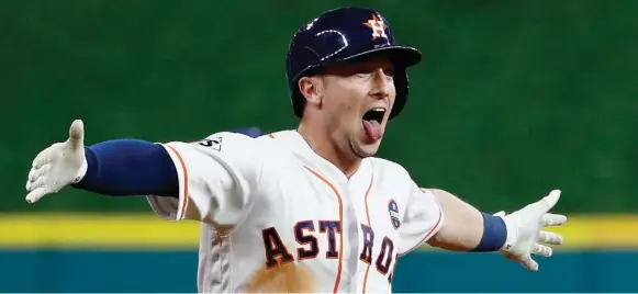  ?? JAMIE SQUIRE/GETTY IMAGES ?? Houston third baseman Alex Bregman, who drove in the 10th-inning run that ended a back-and-forth Game 5, has at least one RBI in each game of this year’s World Series.