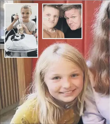  ??  ?? LIGHT UP A ROOM Sophie, left, with her sisters Lucy, centre and Amelia, right. Inset top left, Sophie pictured during one of her trips to hospital, also with clebrity chef Gordon Ramsay, who she wanted to meet as part of her bucket list, top right, with her dad Gareth, mum Charlotte and sisters Lucy and Amelia