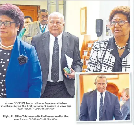  ?? Picture: FILE/SOPHIE RALULU Picture: FILE/JONACANI LALAKOBAU ?? Above: SODELPA leader Viliame Gavoka and fellow members during the first Parliament session in Suva this year.
Right: Ro Filipe Tuisawau exits Parliament earlier this year.