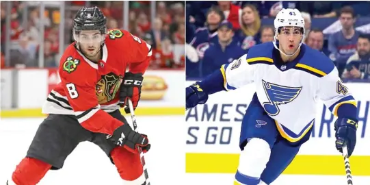  ?? GETTY IMAGES ?? Blackhawks forward Nick Schmaitz ( left) and Blues defenseman Jordan Schmaltz have played against each other in the AHL but never in the NHL.