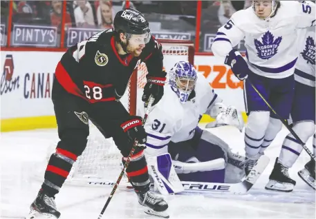  ?? ERROL MCGIHON ?? Ottawa Senators right-winger Connor Brown looks make a pass against the Toronto Maple Leafs in May at the Canadian Tire Centre. The Senators open the 2021-22 regular season with a home-and-home series against the Maple Leafs, on Oct. 14 in Ottawa and Oct. 16 in Toronto.