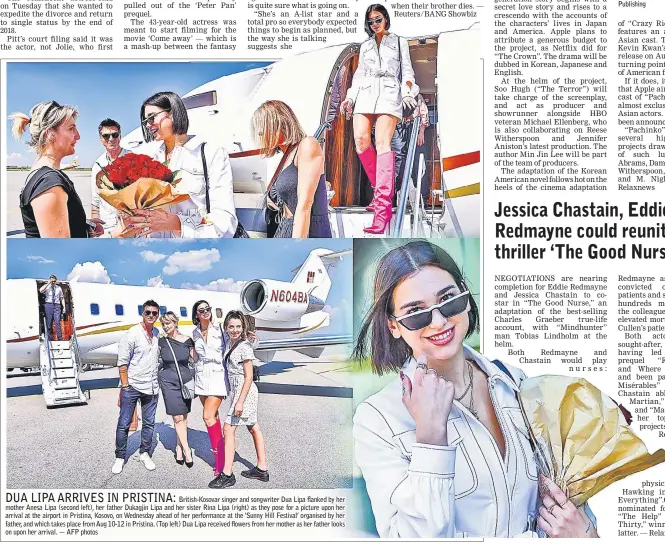  ??  ?? British-Kosovar singer and songwriter Dua Lipa flanked by her mother Anesa Lipa (second left), her father Dukagjin Lipa and her sister Rina Lipa (right) as they pose for a picture upon her arrival at the airport in Pristina, Kosovo, on Wednesday ahead of her performanc­e at the ‘Sunny Hill Festival’ organised by her father, and which takes place from Aug 10-12 in Pristina. (Top left) Dua Lipa received flowers from her mother as her father looks on upon her arrival. — AFP photos