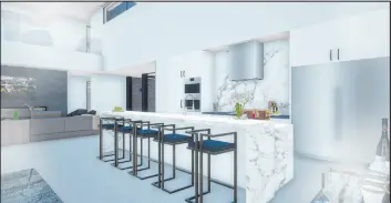 ?? Luxus Design Build ?? The central kitchen, designed as an extension of the main living area, is a showpiece with flush Wood-mode custom cabinetry, an oversized island with a quartz waterfall edge and LED lighting.