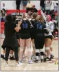  ?? PHOTO BY NICK KOON ?? Members of the San Bernardino Valley College women’s volleyball team celebrate after defeating Mt. San Jacinto College.