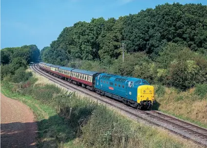  ?? STEVE DONALD ?? ‘DELTIC’ 19 STARS AT GCR GALA: The Deltic Preservati­on Society’s No. 55019 Royal Highland Fusilier arrived at the Great Central Railway from its Barrow Hill base on August 9. It was in operation over the September 3-5 diesel gala and is seen passing Kinchley Lane with 2A29, the 14.00 departure from Loughborou­gh to Leicester North on September 5.