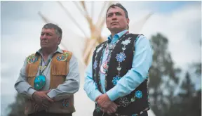  ?? CP PHOTO BY JONATHAN HAYWARD ?? Assembly of First Nations National Chief Perry Bellegarde and Big River First Nation Chief Bruce Morin are seen during a media availabili­ty during the Premiers and Indigenous Leaders meeting in Big River First Nation, Sask., on Tuesday.