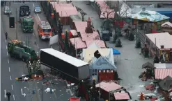  ??  ?? BERLIN: Forensic experts examine the scene yesterday around a truck that crashed into a Christmas market near the Kaiser Wilhelm Memorial Church. — AFP